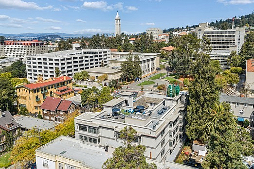 Aerial view showcasing a vibrant neighborhood with contemporary and historic architecture, lush greenery, and scenic cityscape.