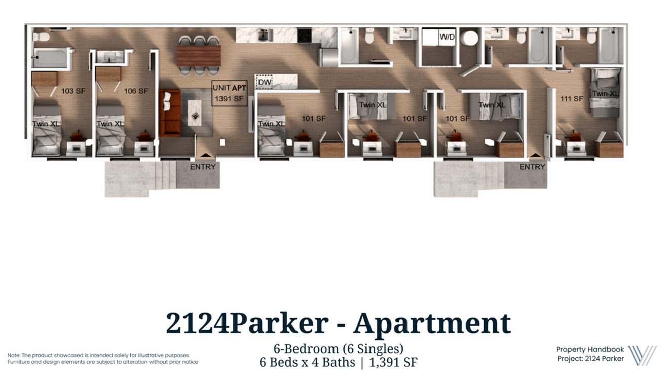 Spacious 2124 Parker apartment floor plan with 6 single bedrooms and 4 modern bathrooms, covering 1391 SF, featuring a cozy living area, sleek kitchen, and efficient layout perfect for comfort and convenience.