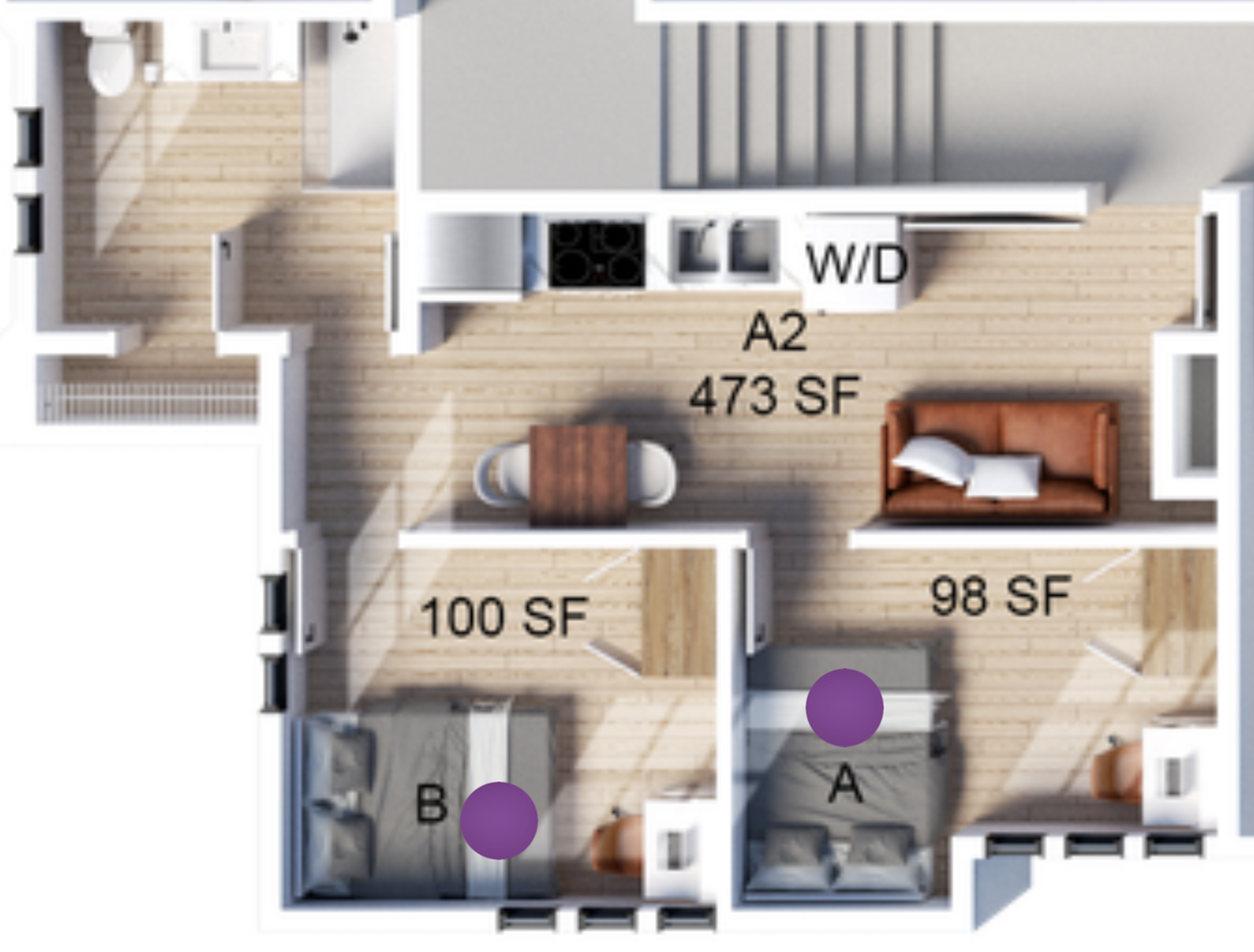 Charming floor plan with two cozy bedrooms, modern kitchen, and inviting living area, totaling 473 square feet.