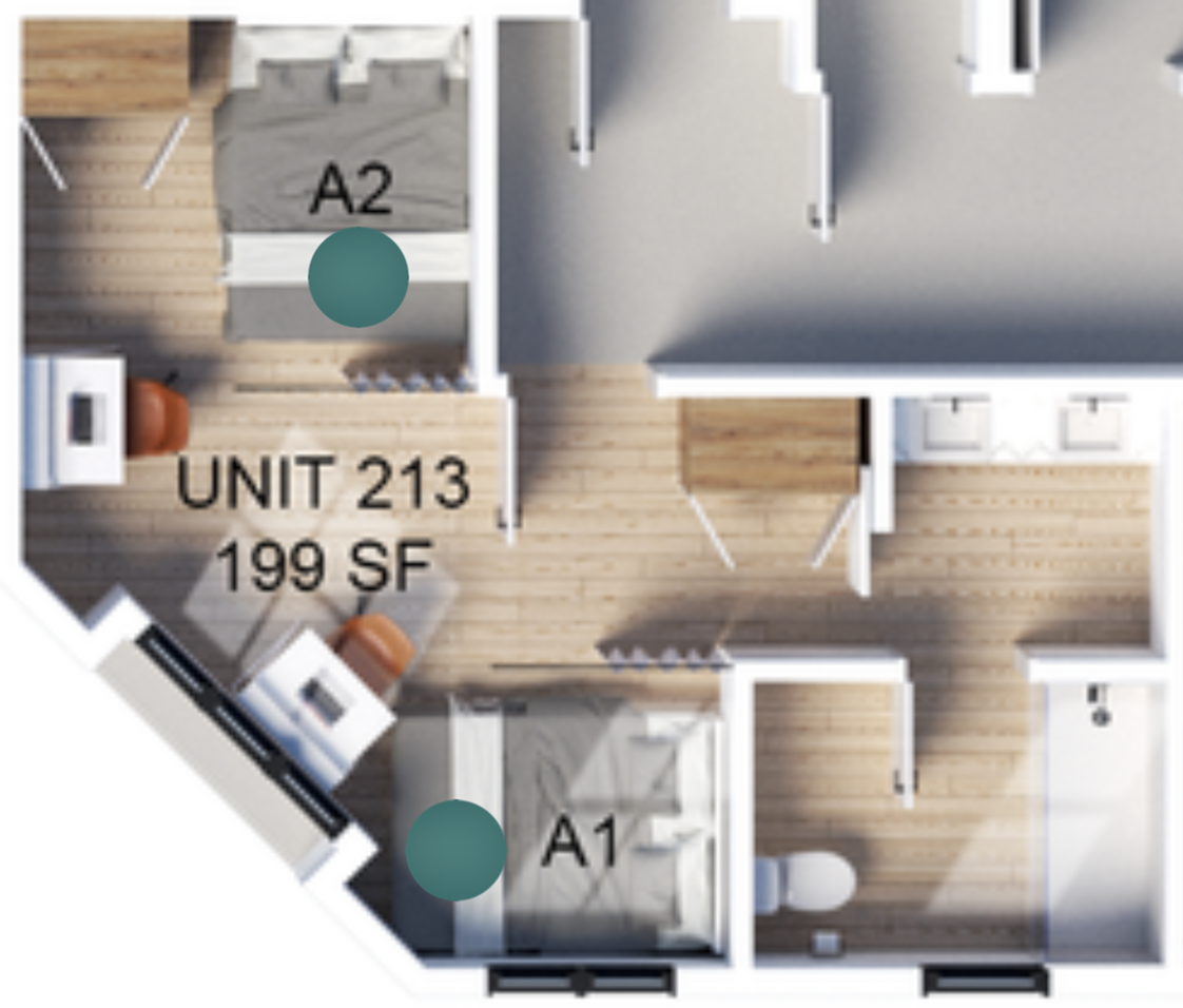Modern floor plan of Unit 213 showcasing 199 square feet with two cozy bedrooms, elegant wooden flooring, and a compact bathroom.
