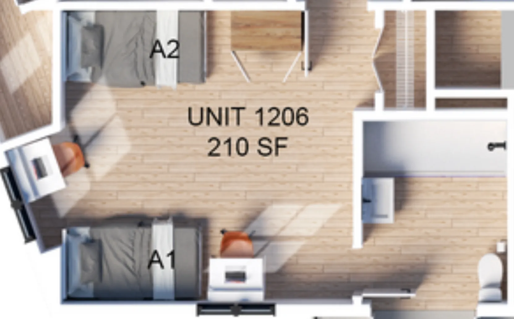 Efficient and modern studio floor plan, Unit 1206, featuring a compact living space of 210 sq ft with twin beds and a dedicated workspace.