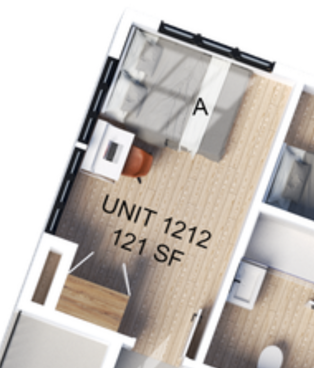 Chic floor plan of Unit 1212, featuring a compact 121 sq ft space with modern wood flooring.