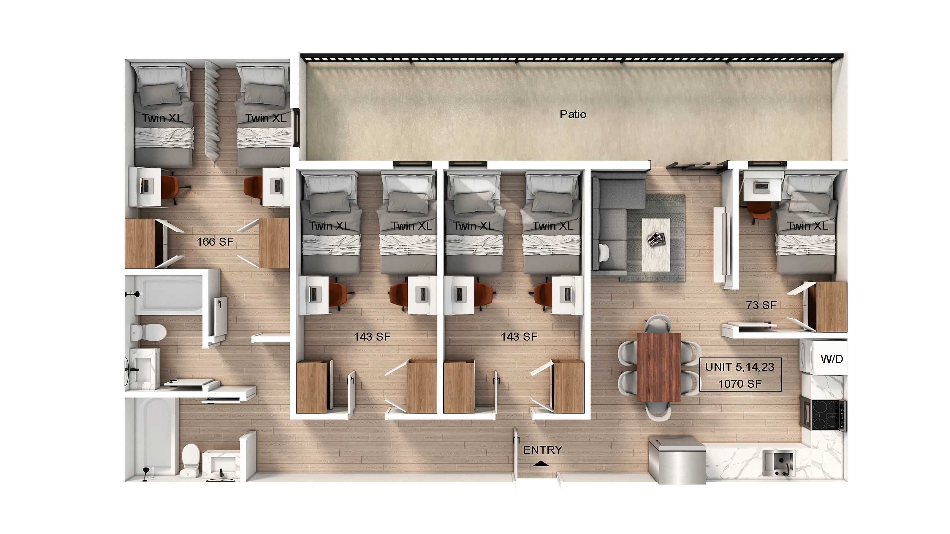 Floorplan for a four bedroom, two bathroom apartment.