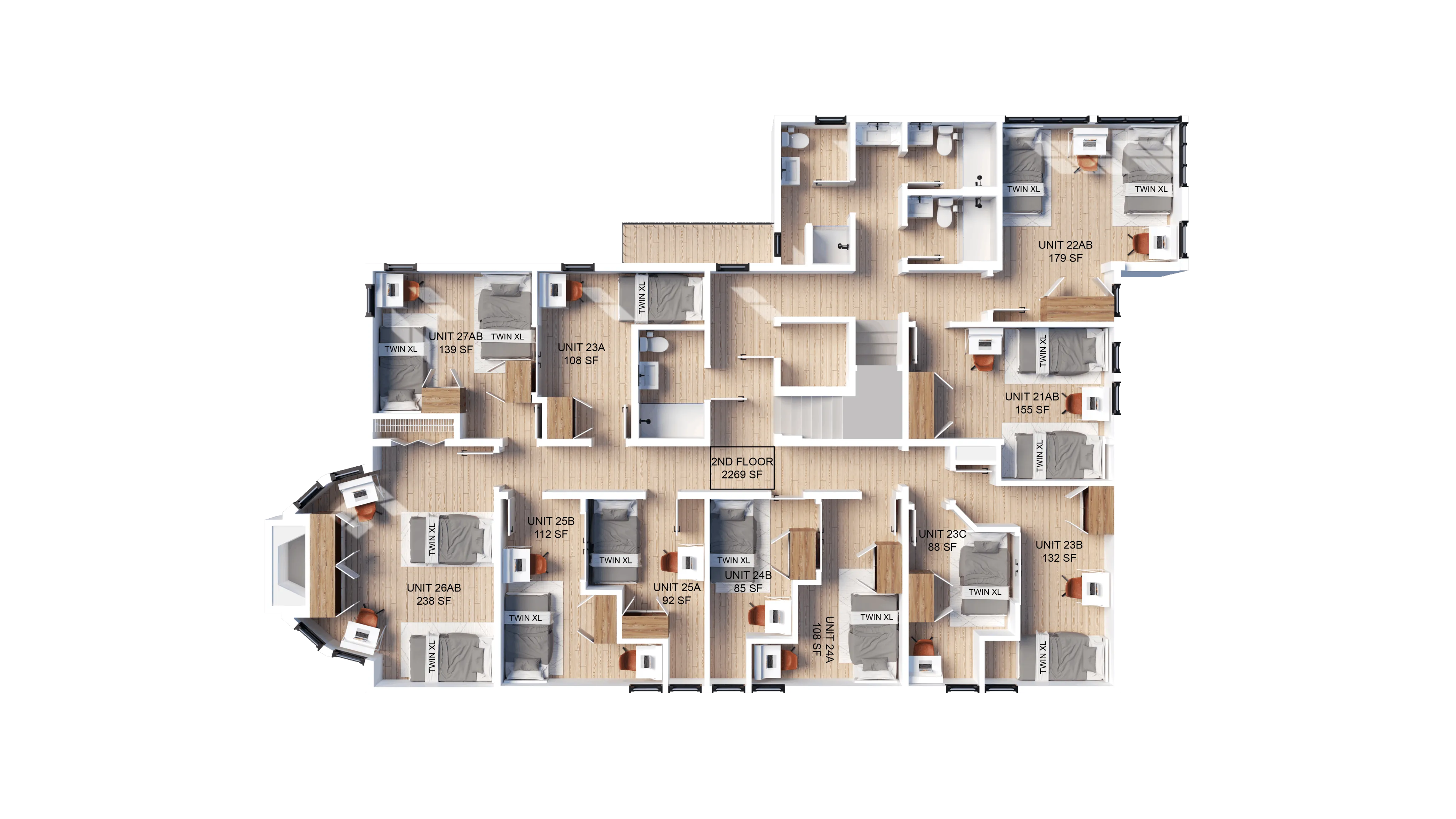 Second floor layout showcasing multiple compact units with Twin XL beds, varying from 85 to 238 sq ft, featuring modern design and efficient use of space.