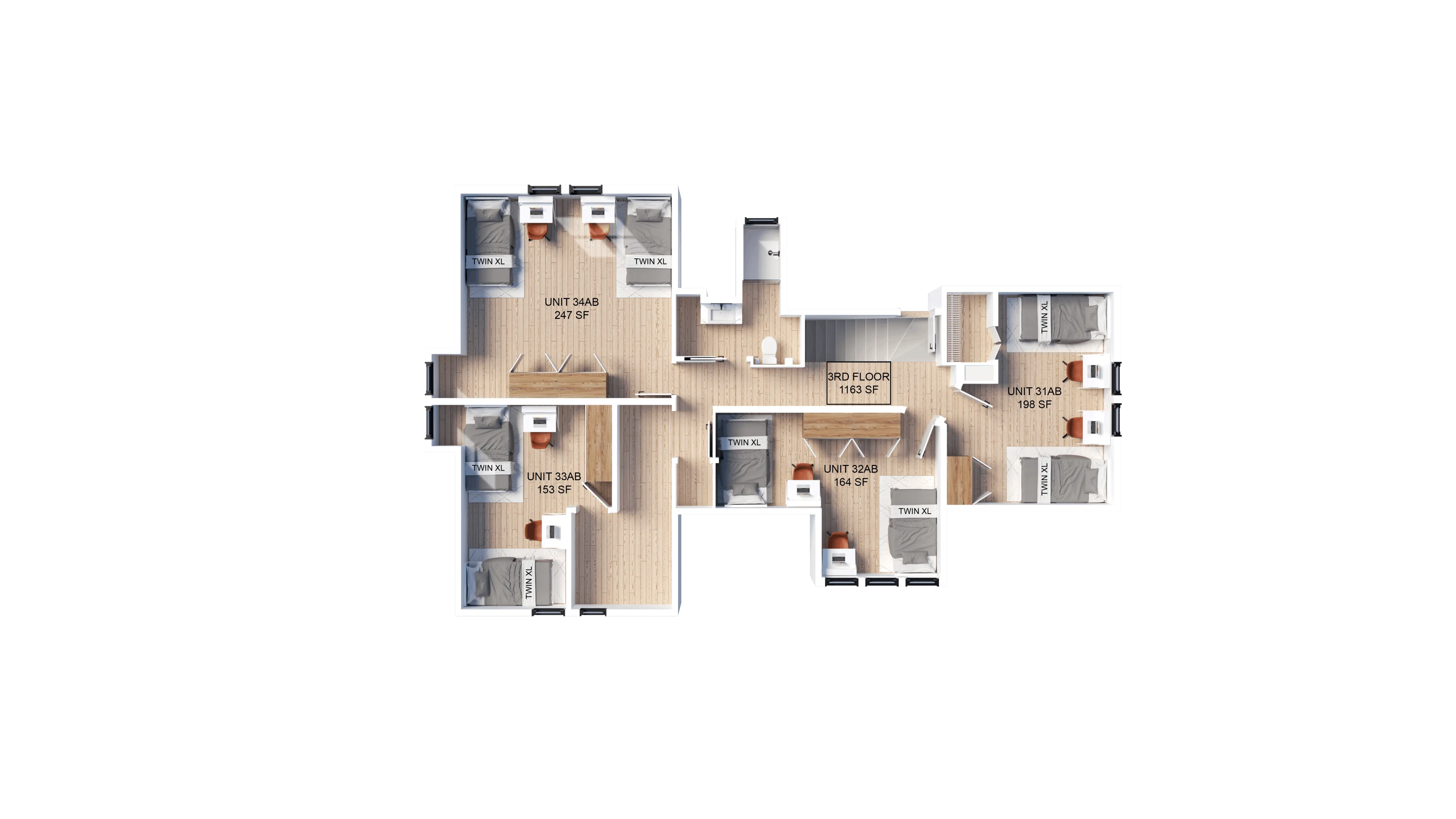 Modern 3D floor plan showcasing a third-floor layout featuring four spacious units with twin XL beds, a central hallway, and bathroom facilities. Perfect for comfortable living.
