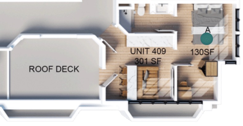 Unit 409 floor plan featuring a 130 SF bedroom, stylish living area, and access to a spacious roof deck.