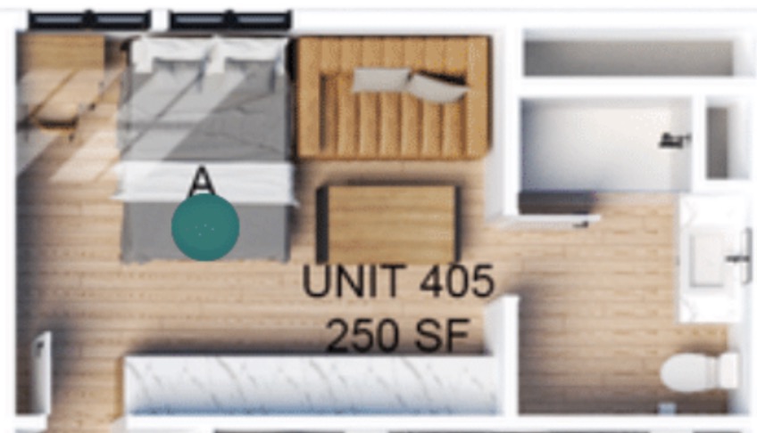 Compact floor plan for Unit 405, 250 square feet featuring a cozy bedroom, sitting area, and modern bathroom layout.