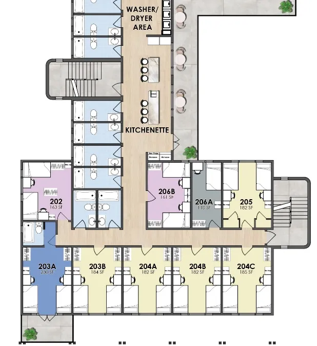 Bright and modern floor plan showcasing multiple suites, convenient kitchenette, and a dedicated washer/dryer area.