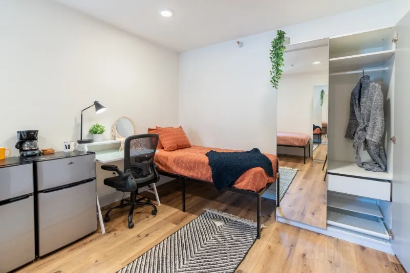 Cozy apartment bedroom with modern decor, featuring a single bed, work desk, and built-in wardrobe. Bright and inviting ambiance with contemporary furnishings.