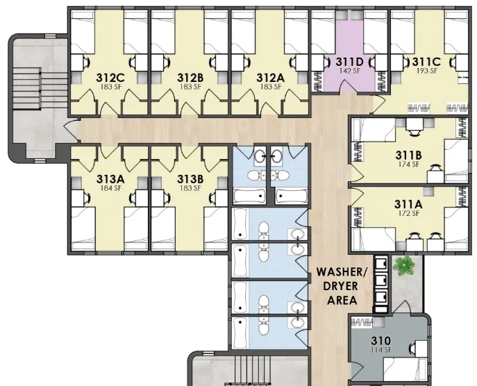 Modern floor plan showcasing multiple compact units ranging from 114 to 193 sq ft, featuring shared bathroom facilities and a washer/dryer area for convenience.