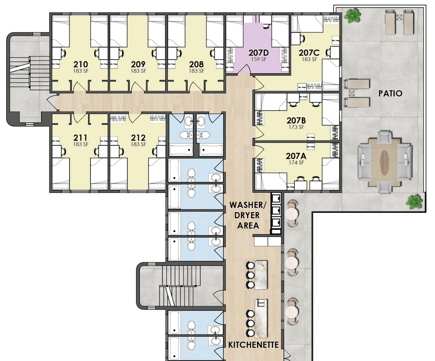 Modern floor plan highlighting multiple rooms with varying square footage, central kitchenette, laundry area, and spacious patio with seating.