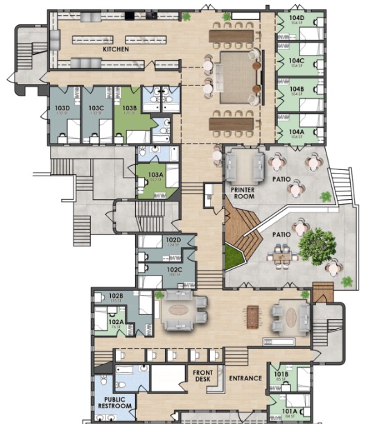 Modern floor plan featuring open communal spaces, multiple bedrooms, a spacious kitchen, and inviting outdoor patio areas.
