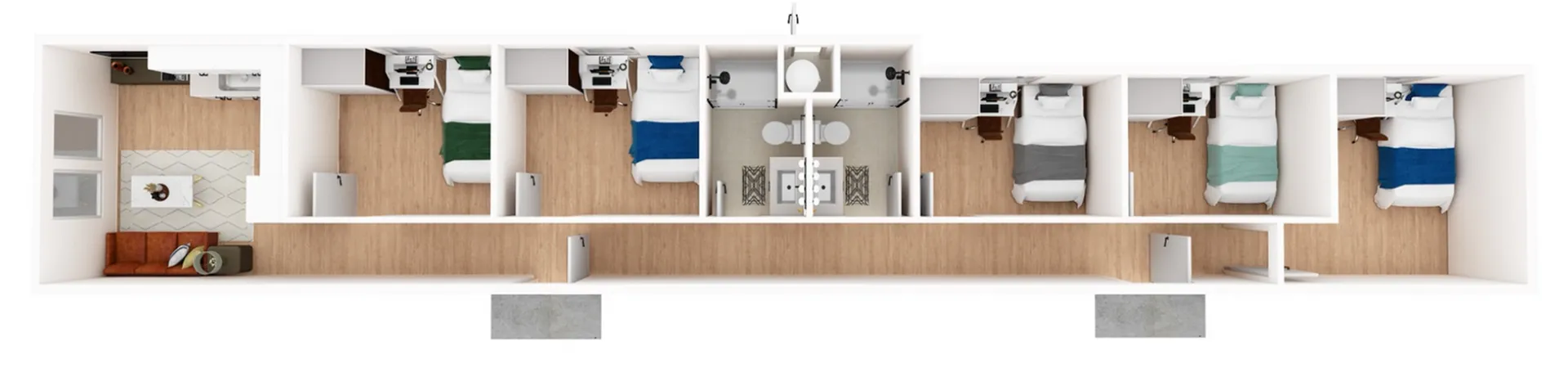 Modern floor plan showcasing five cozy bedrooms, a stylish living room with a sofa and coffee table, and a centralized bathroom. Ideal for spacious urban living.
