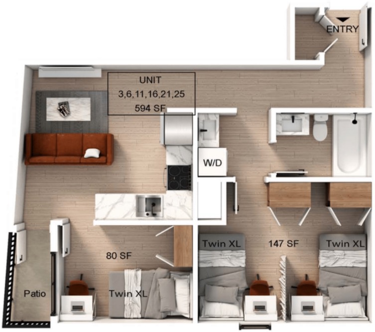 Floor plan showcasing a 2 bedroom, 1 bathroom apartment.