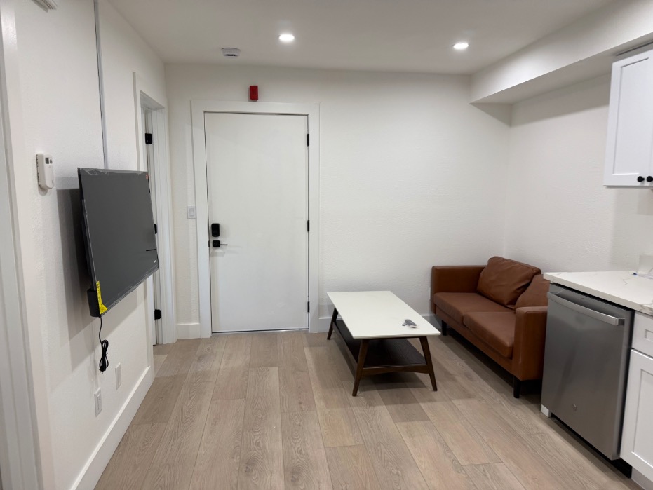 Contemporary living area with sleek hardwood floors, a cozy brown sofa, wall-mounted TV, and modern kitchenette in a bright and inviting space.