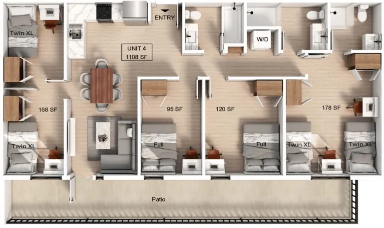 Floorplan showcasing a 4 bedroom, 2 bathroom apartment.