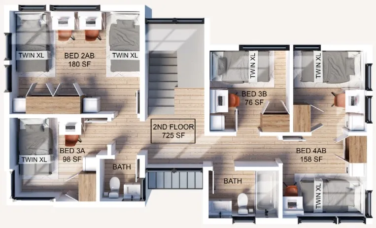 Second level foor plan showcasing 4 bedrooms, elegant wooden flooring, and two bathrooms in a spacious 725 sq ft layout.