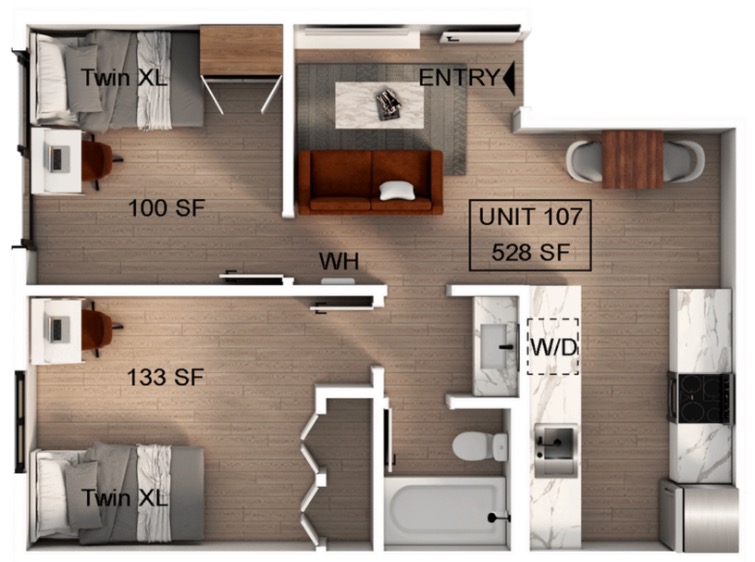 Modern floor plan of Unit 107 with 528 SF featuring two bedrooms with Twin XL beds, cozy living area, functional kitchen equipped with appliances, and a stylish bathroom.