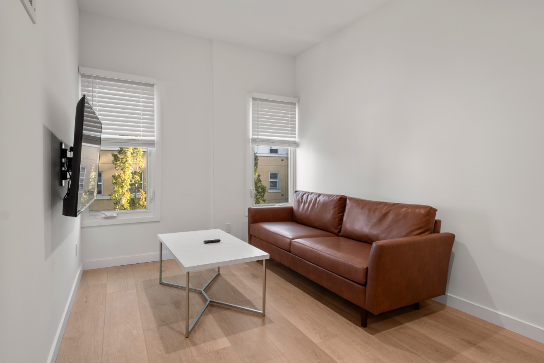 Modern living room with a sleek leather sofa, coffee table, and wall-mounted TV, accentuated by natural light from two windows.