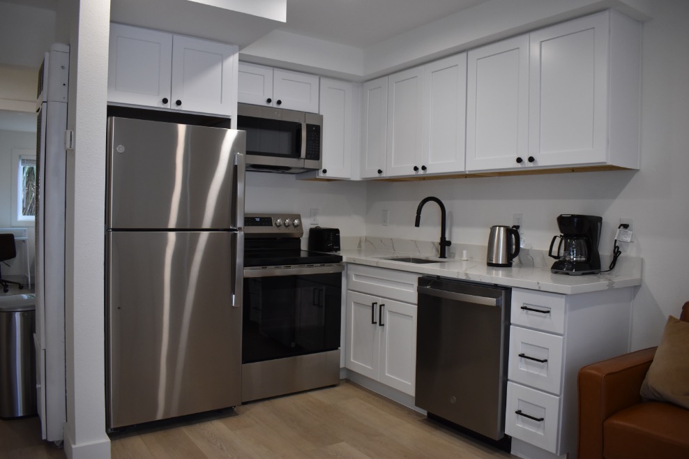 Modern kitchen featuring stainless steel appliances, sleek white cabinetry, and a seamless countertop ideal for cooking enthusiasts.