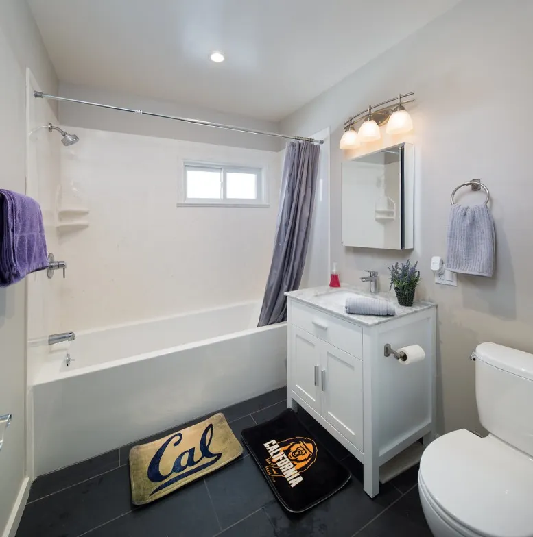 Elegant bathroom with a modern design featuring a sleek white vanity, cozy bathtub with shower, stylish lighting, and California-themed floor mats.