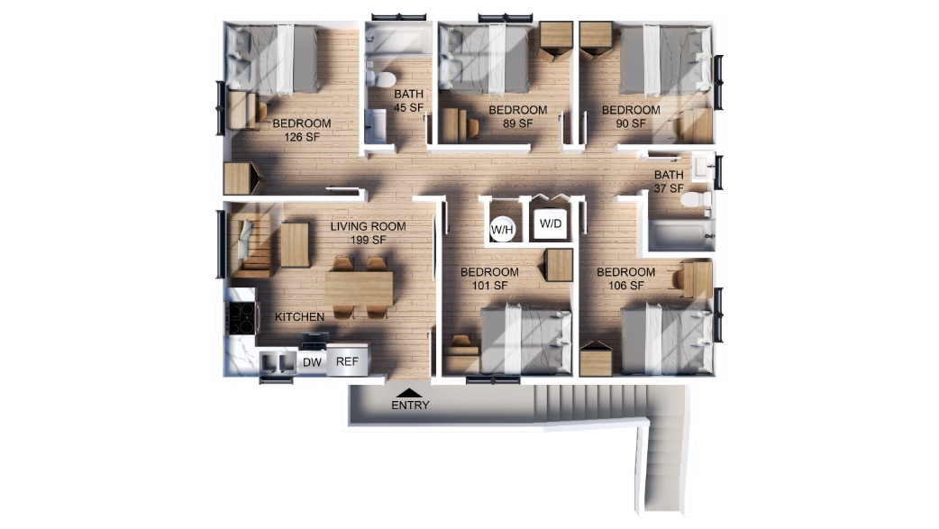 Spacious floor plan featuring 5 bedrooms, open living room, modern kitchen, and 2 bathrooms.