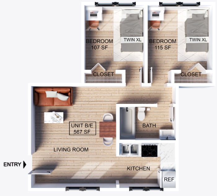 Two bedroom, one bathroom apartment floor plan