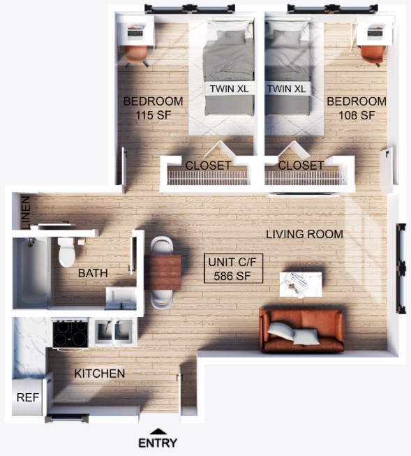 Two bedroom, one bathroom apartment floor plan