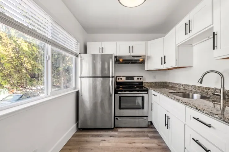 Bright, modern kitchen with sleek stainless steel appliances, granite countertops, and ample cabinet space.