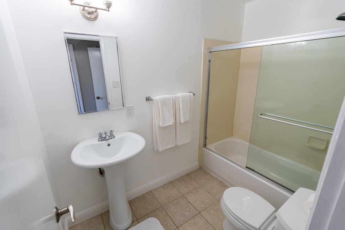 Modern bathroom with sleek pedestal sink, elegant glass shower doors, and bright tiling, creating a fresh and inviting space.