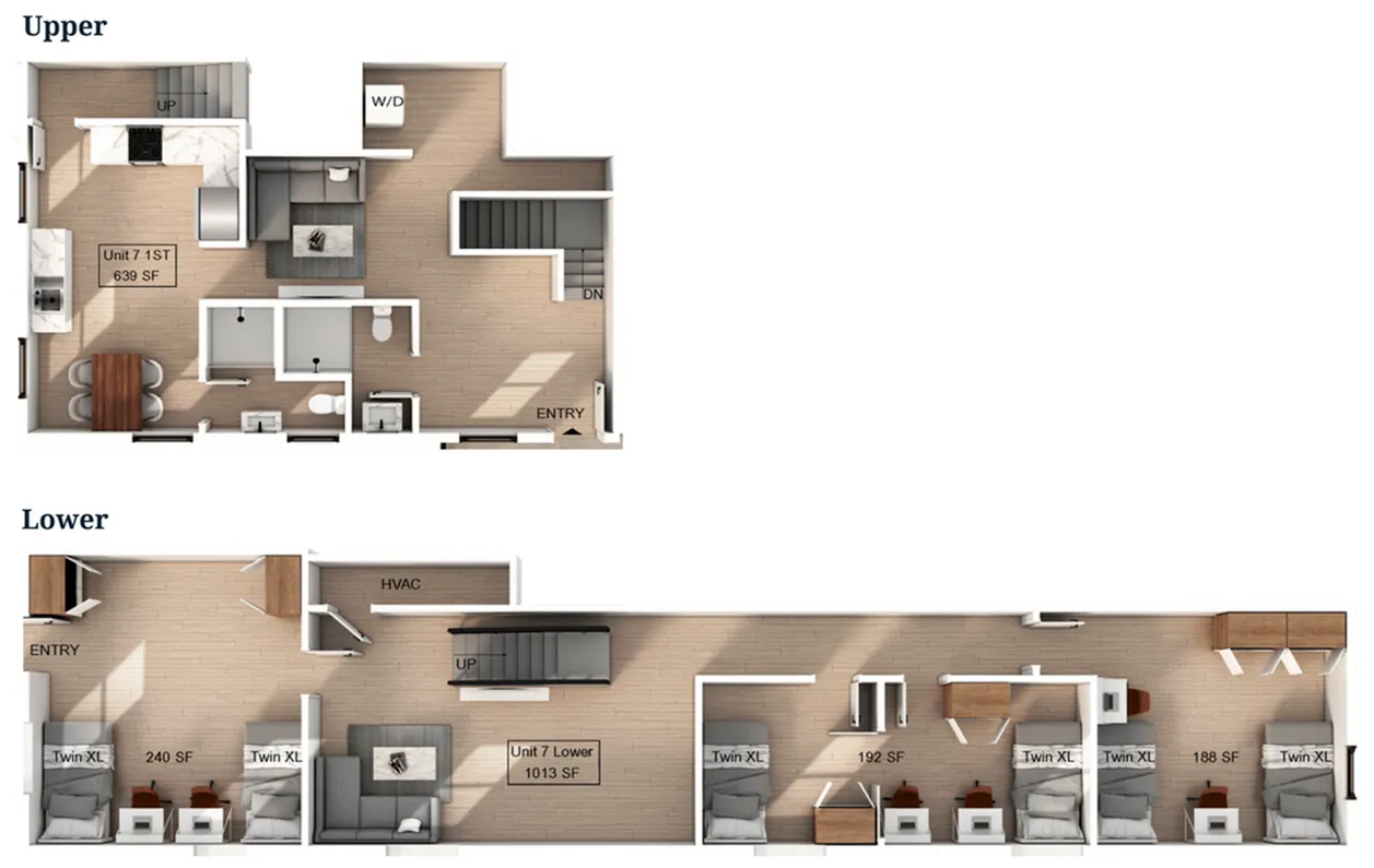 Chic split-level floor plan showcasing elegant upper level with modern kitchen and stylish living space, alongside a spacious lower level featuring cozy Twin XL bedrooms, ideal for contemporary living.
