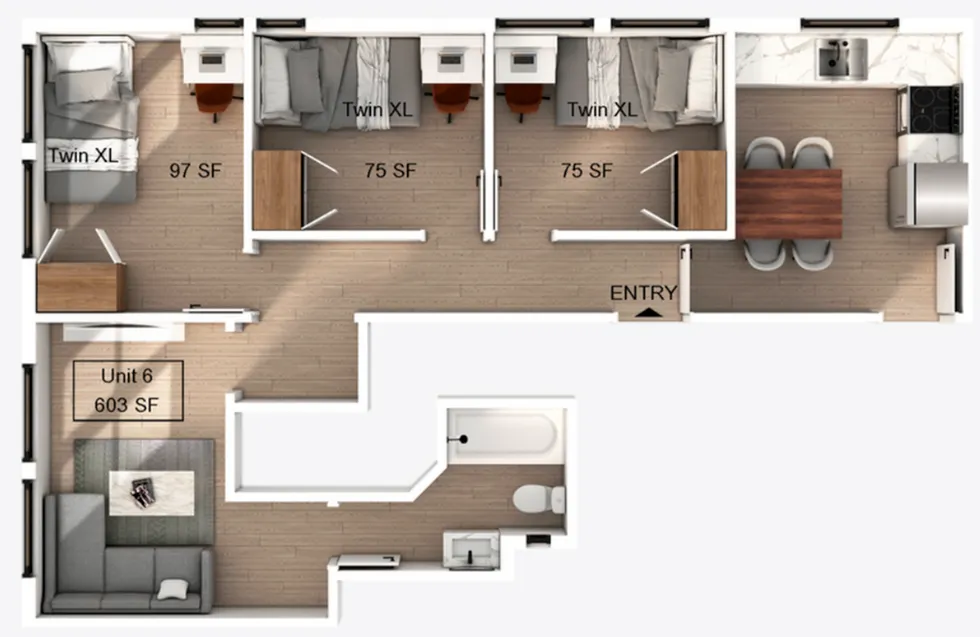 Contemporary floor plan for Unit 6, featuring two cozy bedrooms with Twin XL beds, a sleek kitchen with dining area, and a stylish living room, totaling 603 sq ft of optimized living space.