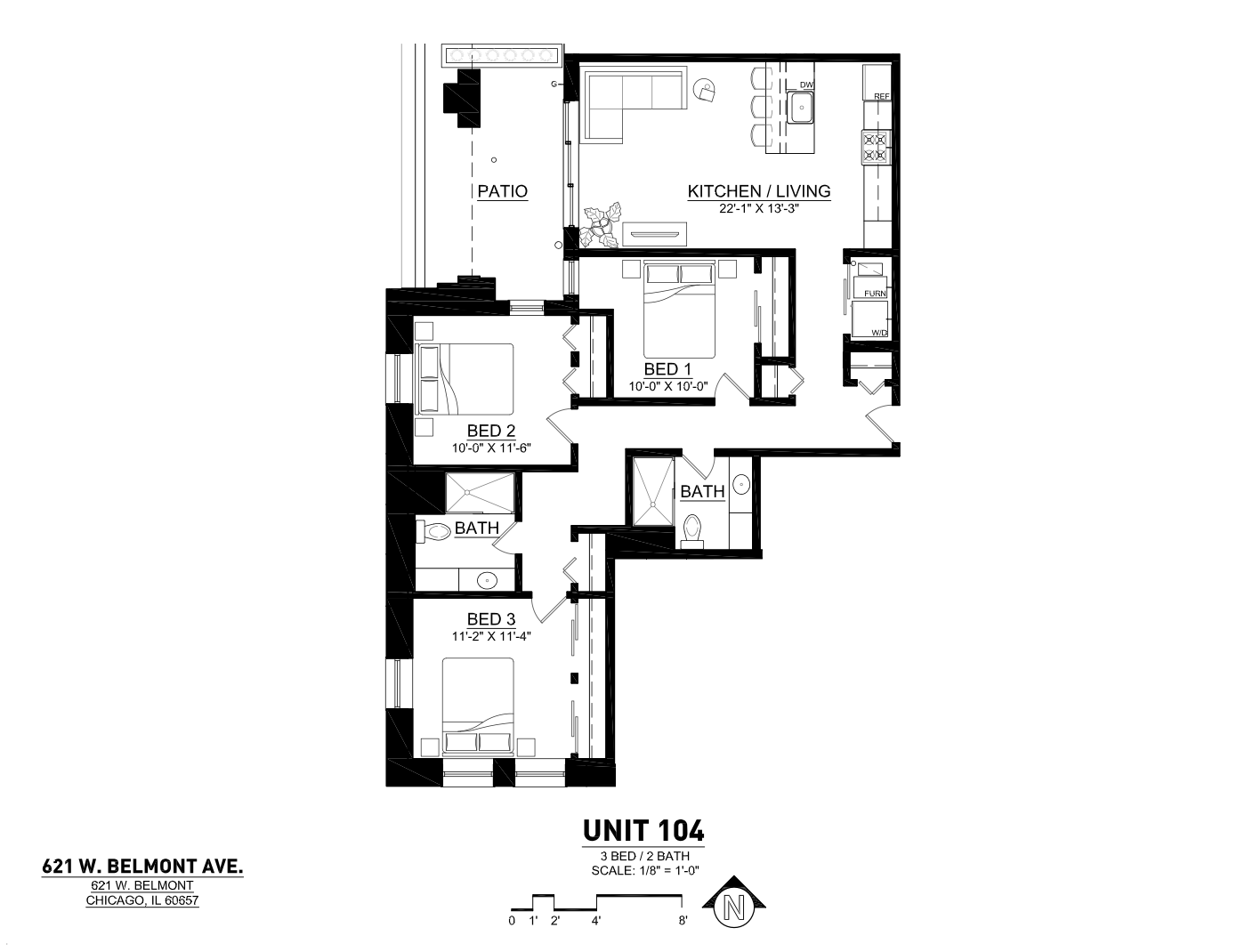 Unit 104 floor plan featuring 3 spacious bedrooms, 2 modern bathrooms, an open-concept kitchen and living area, and a cozy patio at 621 W. Belmont Ave, Chicago.