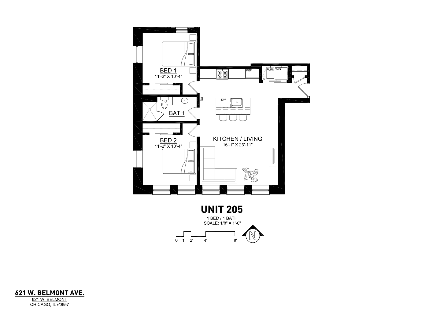 Modern floor plan for Unit 205 featuring 2 spacious bedrooms, an expansive kitchen and living area, and a well-appointed bathroom at 621 W. Belmont Ave., Chicago.