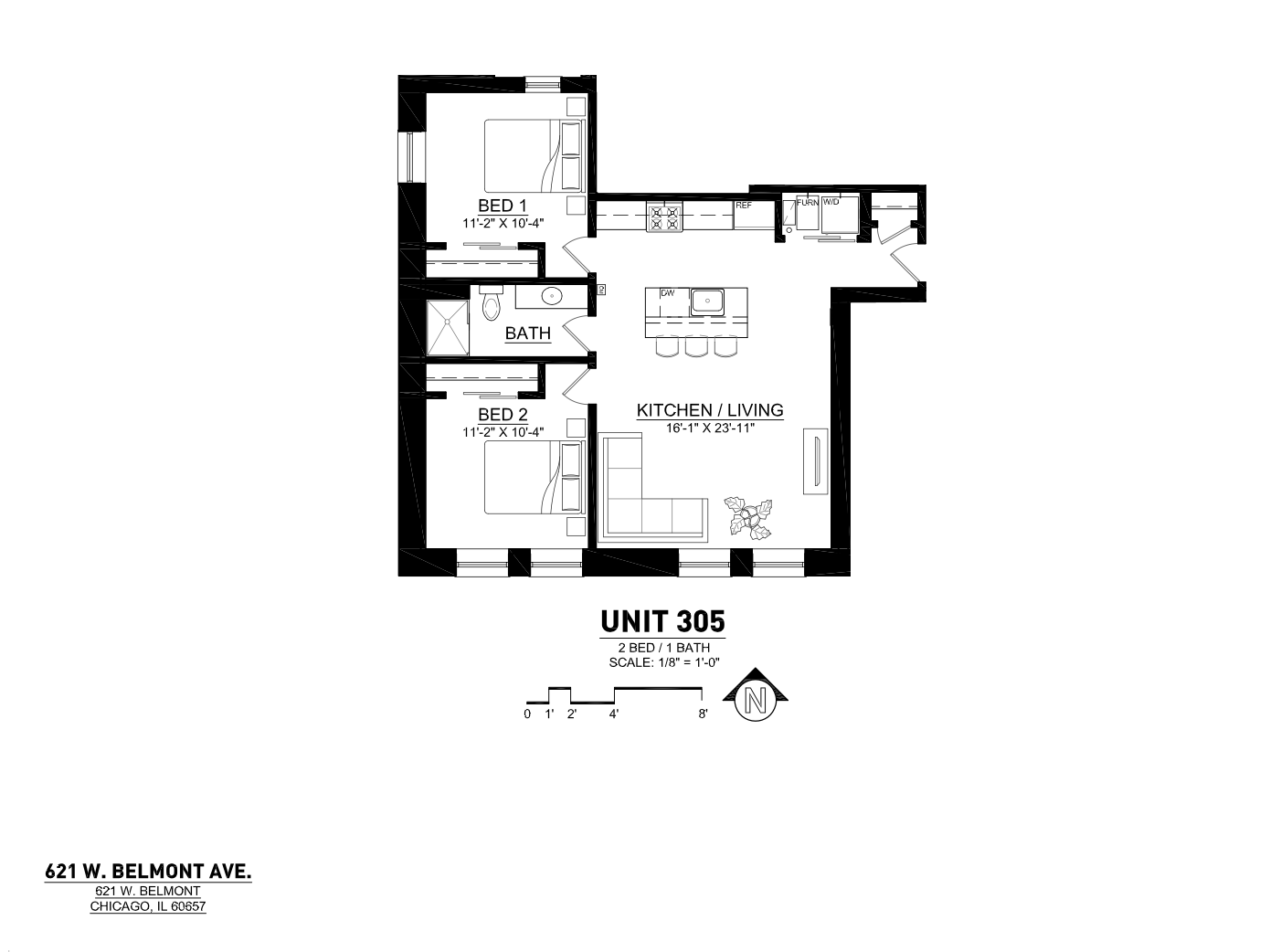 Modern floor plan of Unit 305 showcasing 2 spacious bedrooms, a combined kitchen and living area, and a well-designed bathroom at 621 W. Belmont Ave, Chicago.