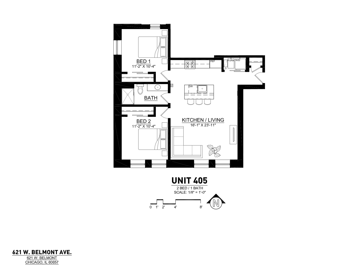 Chic floor plan of Unit 405 featuring 2 bedrooms, a stylish kitchen, and an expansive living area in Chicago\'s vibrant Belmont neighborhood.