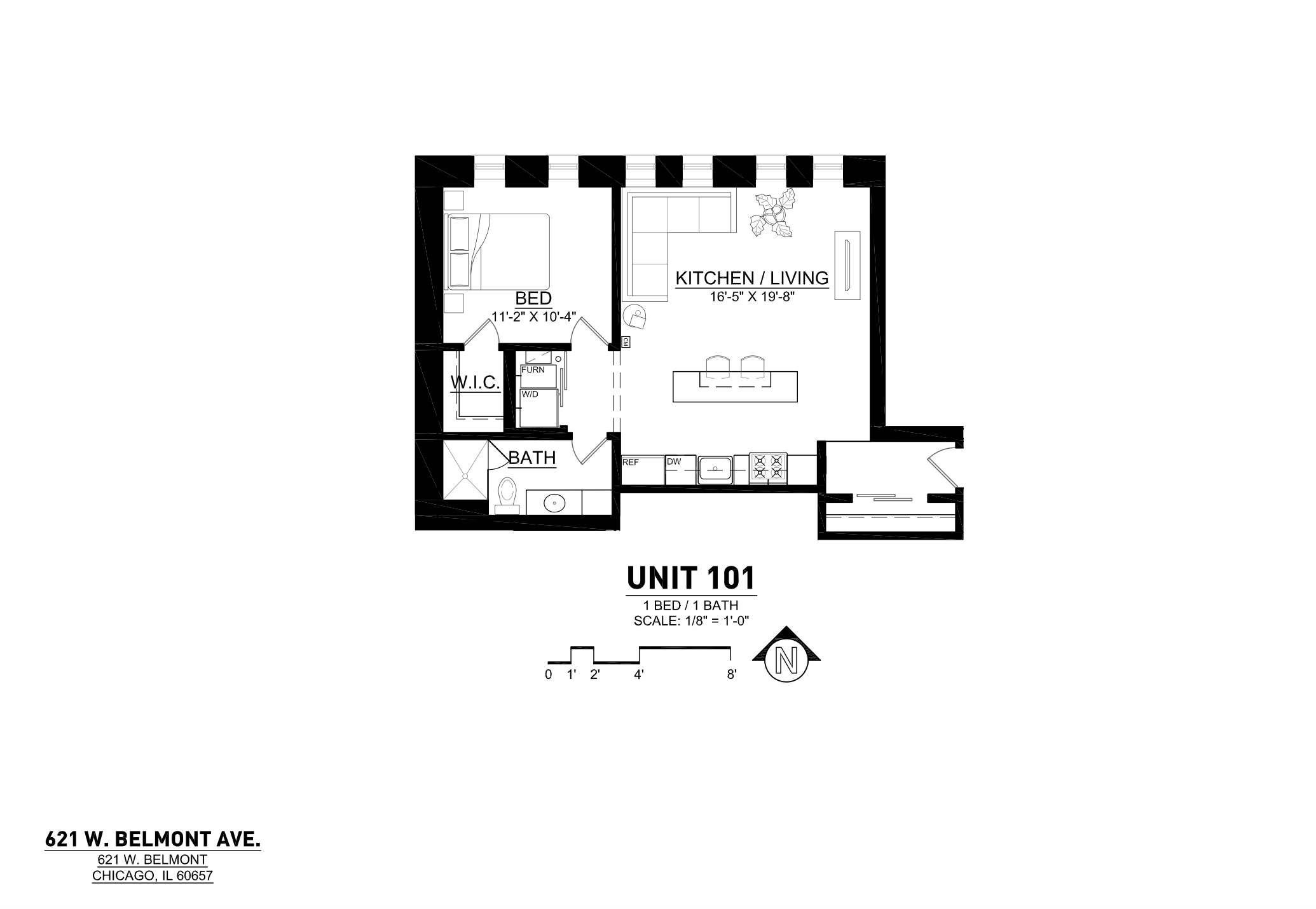 Elegant floor plan for Unit 101 featuring 1 bedroom, a modern kitchen, spacious living area, and convenient walk-in closet.