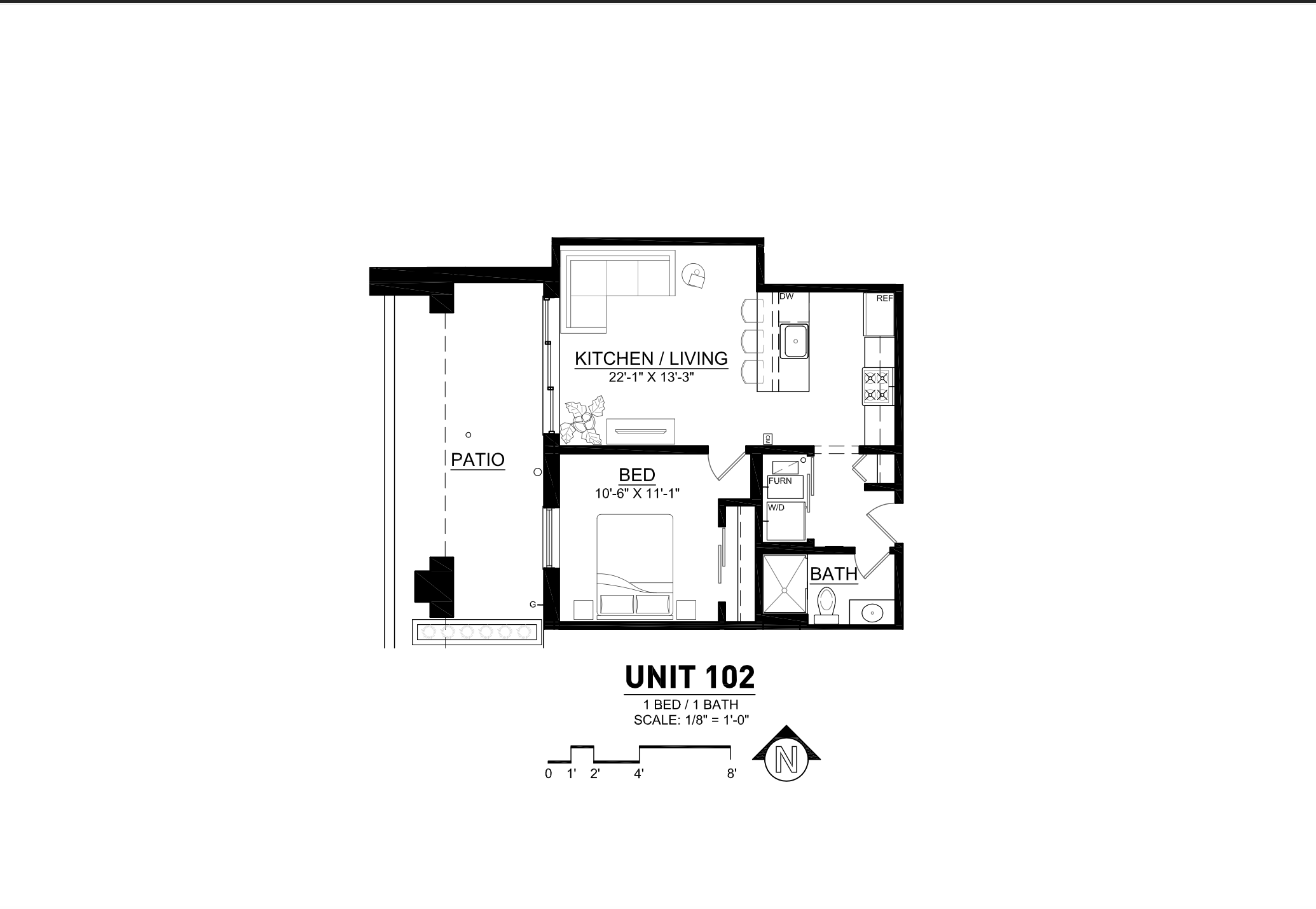 Chic Unit 102 floor plan showcasing 1 bedroom, 1 bath with an open kitchen and living room, plus a private patio.