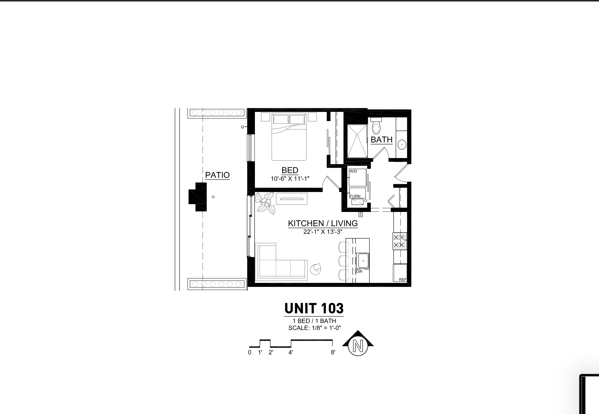 Inviting floor plan for Unit 103 showcasing a modern 1 bedroom, 1 bathroom layout with an open-concept kitchen and living area, complete with a cozy patio.