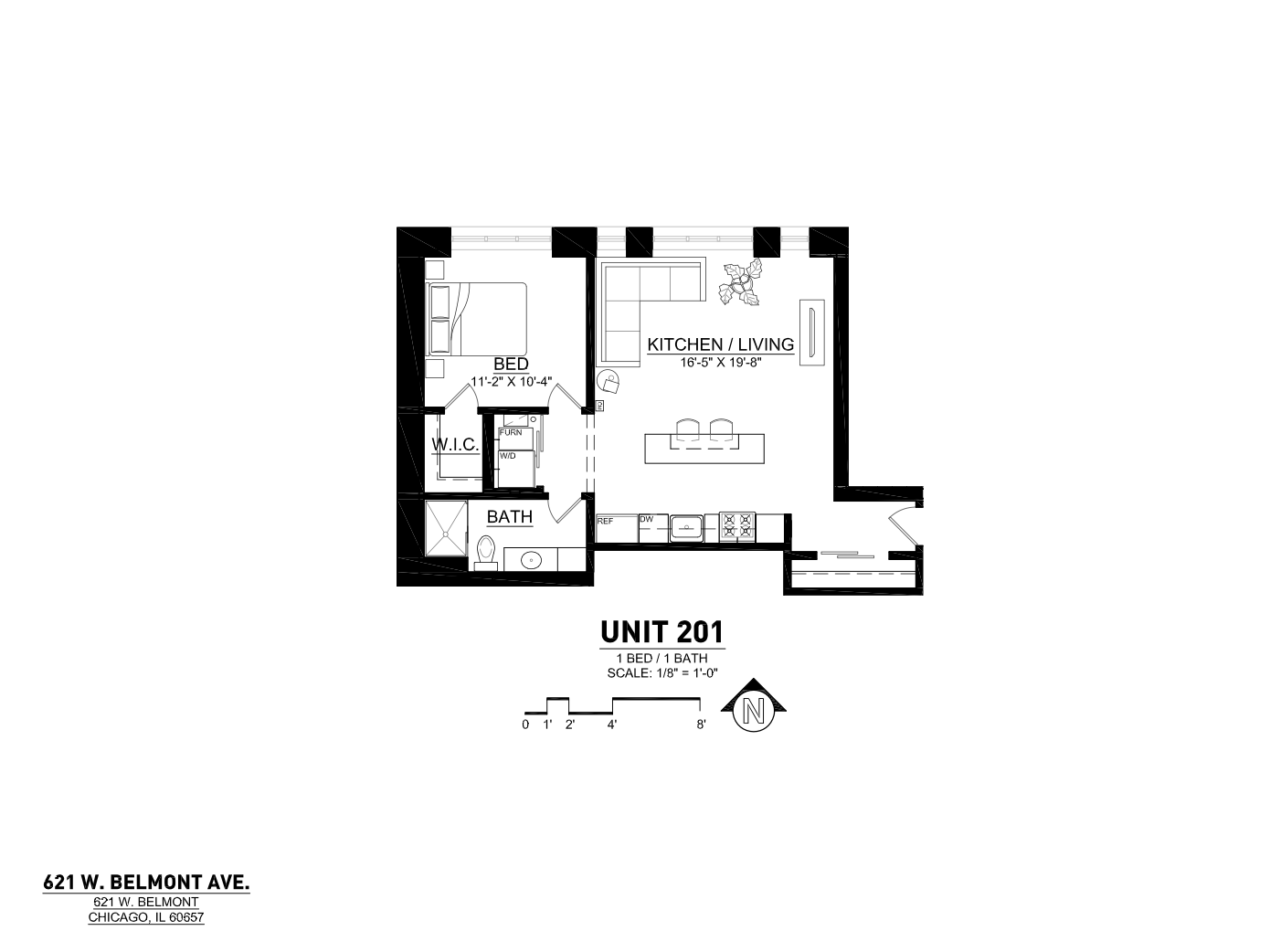 Modern floor plan for Unit 201 featuring 1 bedroom, 1 bathroom, and a spacious kitchen/living area at 621 W. Belmont Ave, Chicago.