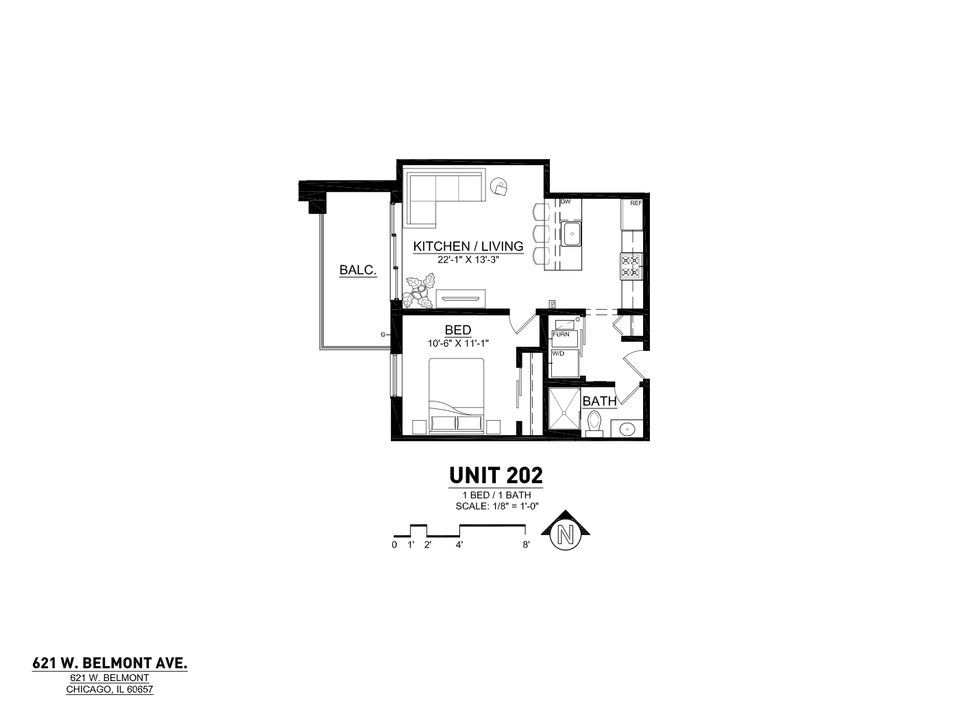 Chic floor plan of Unit 202 featuring 1 bedroom, open kitchen-living area, bathroom, and balcony at 621 W. Belmont Ave, Chicago.