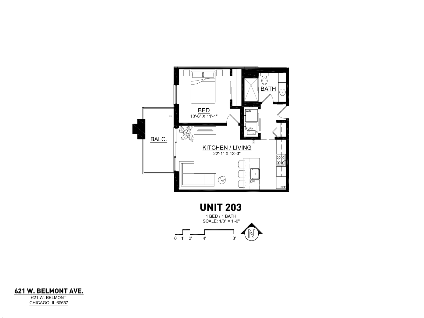 Charming floor plan of Unit 203 with 1 bedroom, 1 bath, and an inviting kitchen/living area, featuring a balcony at 621 W. Belmont Ave., Chicago.