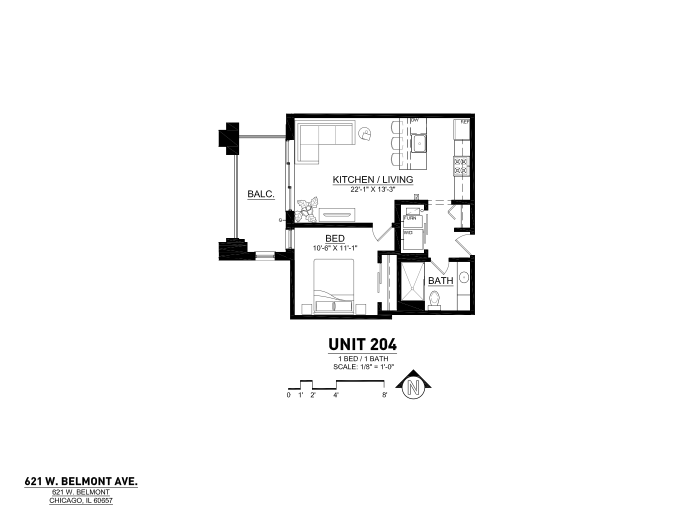 Chic floor plan for Unit 204 at 621 W. Belmont Ave, featuring a spacious 1-bed, 1-bath design with an open kitchen and living area, cozy balcony, and modern amenities.
