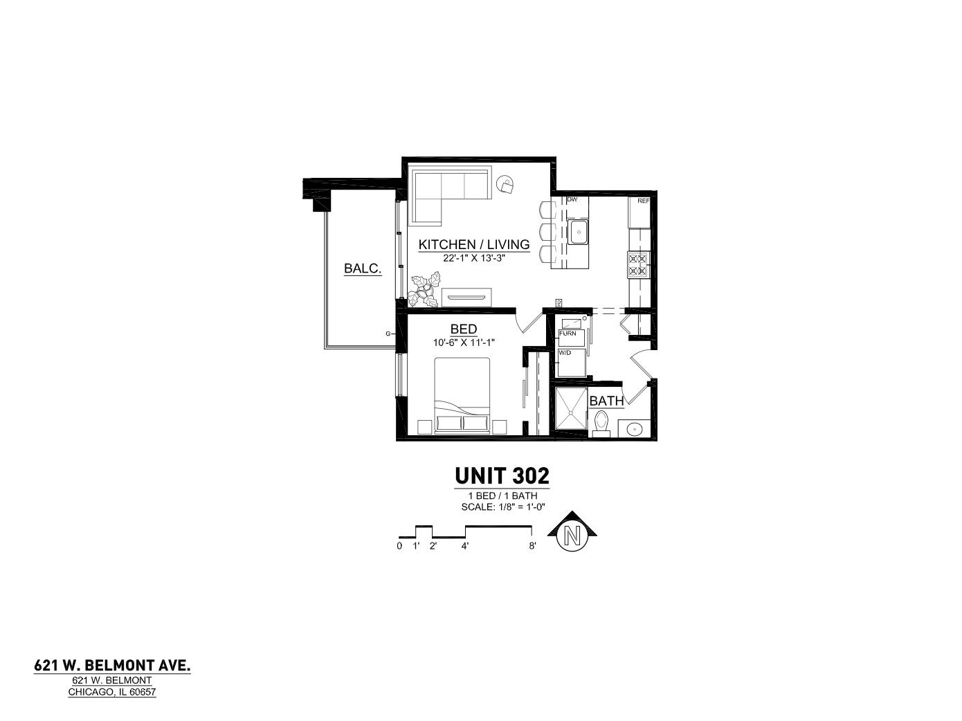 Charming 1-bedroom floor plan with open kitchen and living space, private balcony, and full bathroom at 621 W. Belmont Ave, Chicago.