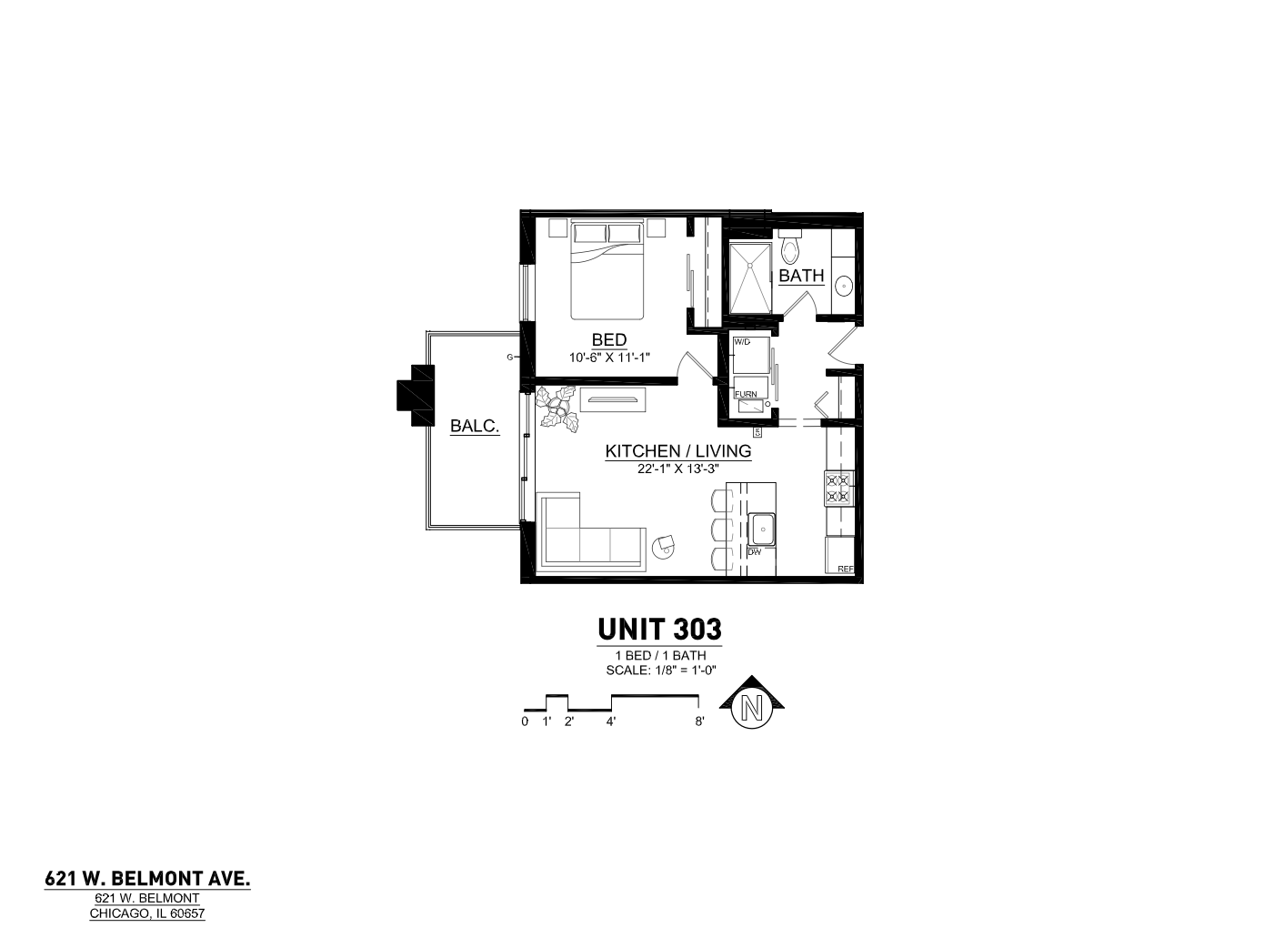 Modern Unit 303 floor plan, featuring 1 bedroom and 1 bath with an open kitchen/living area, plus a private balcony at 621 W. Belmont Ave, Chicago.