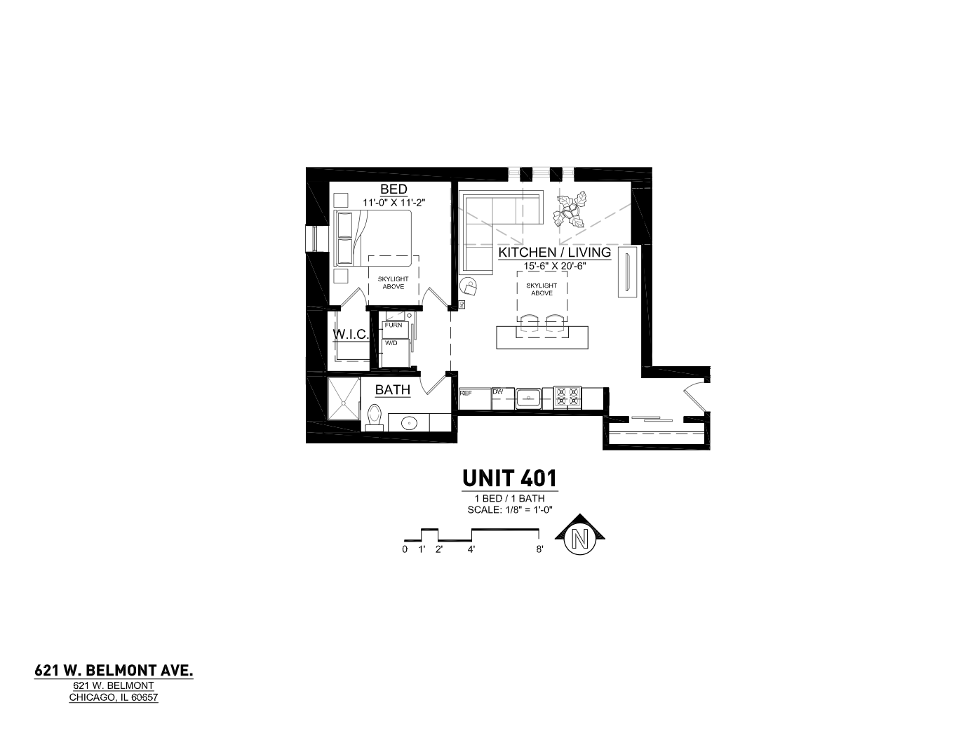 Contemporary floor plan of Unit 401 featuring 1 bedroom, 1 bath, and an open kitchen/living space at 621 W. Belmont Ave, Chicago.