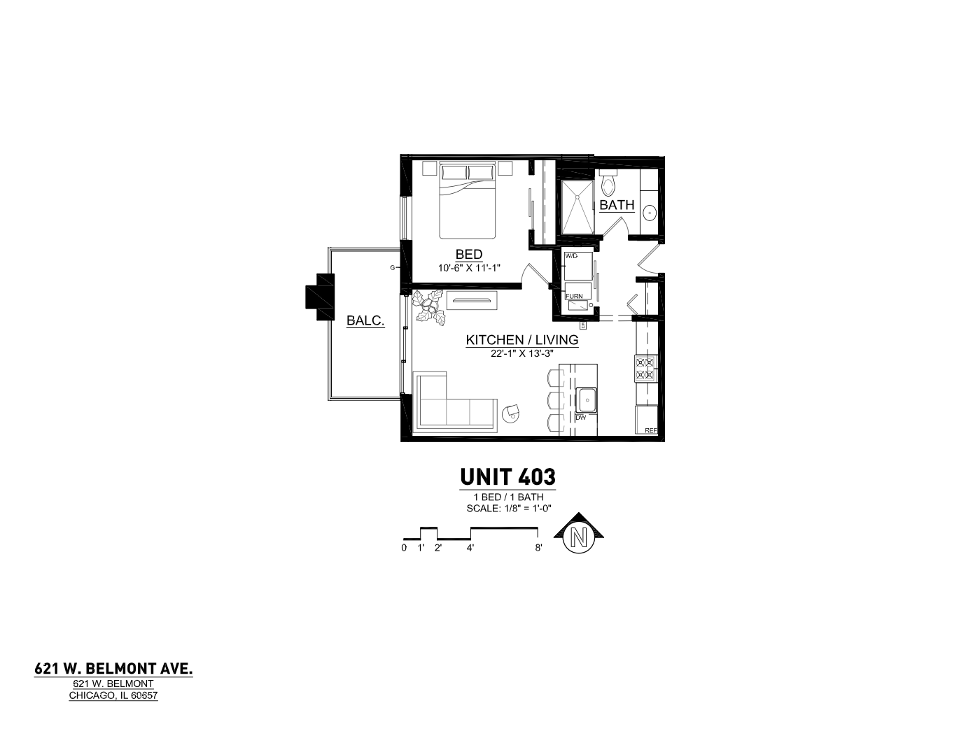 Modern floor plan of Unit 403 featuring a cozy 1-bedroom, 1-bath with an open kitchen and living area, and a private balcony at 621 W. Belmont Ave., Chicago.