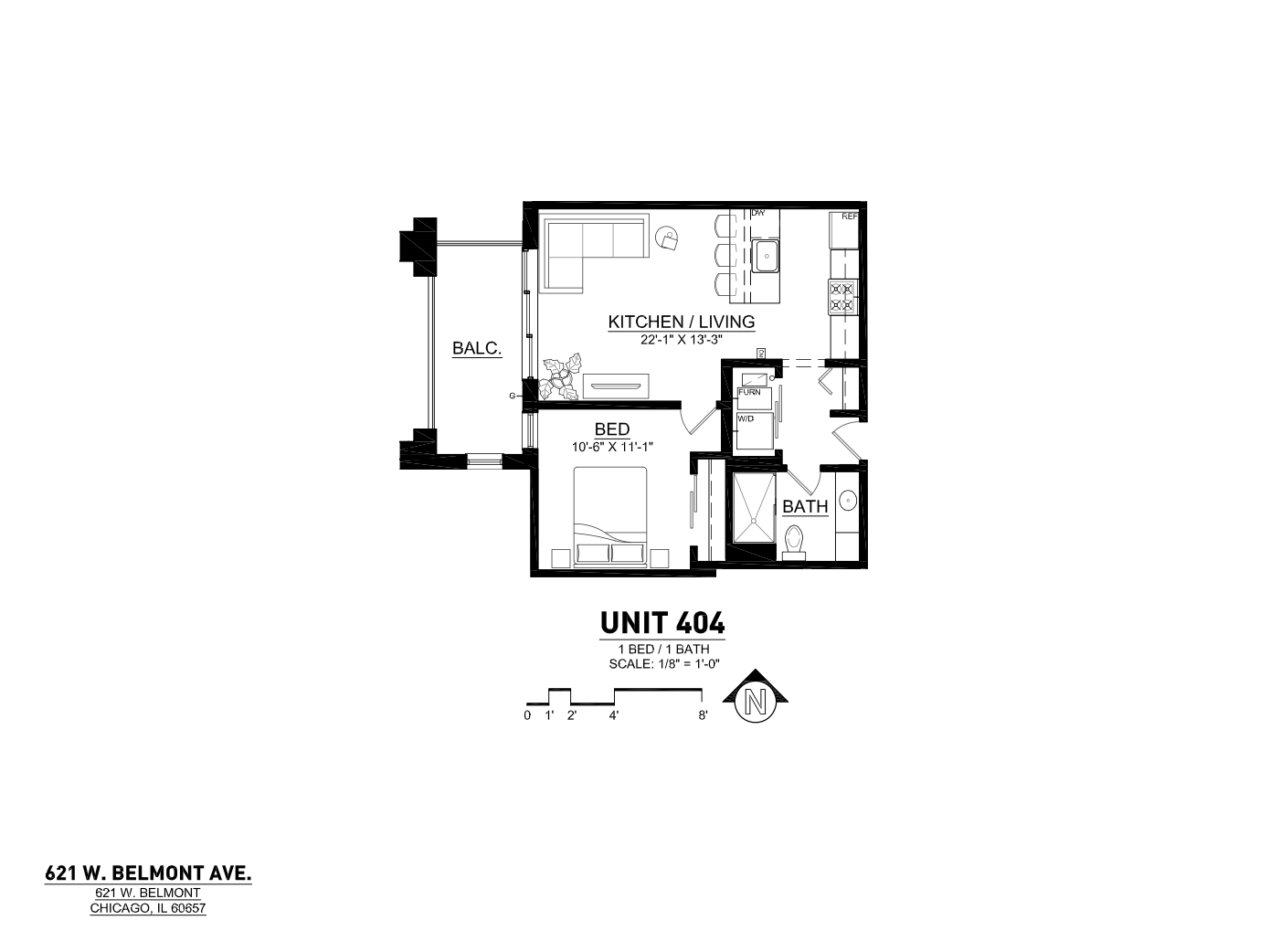 Chic floor plan of Unit 404 showcasing a modern 1-bedroom, 1-bathroom layout with a spacious kitchen and living area, plus a cozy balcony at 621 W. Belmont Ave, Chicago.