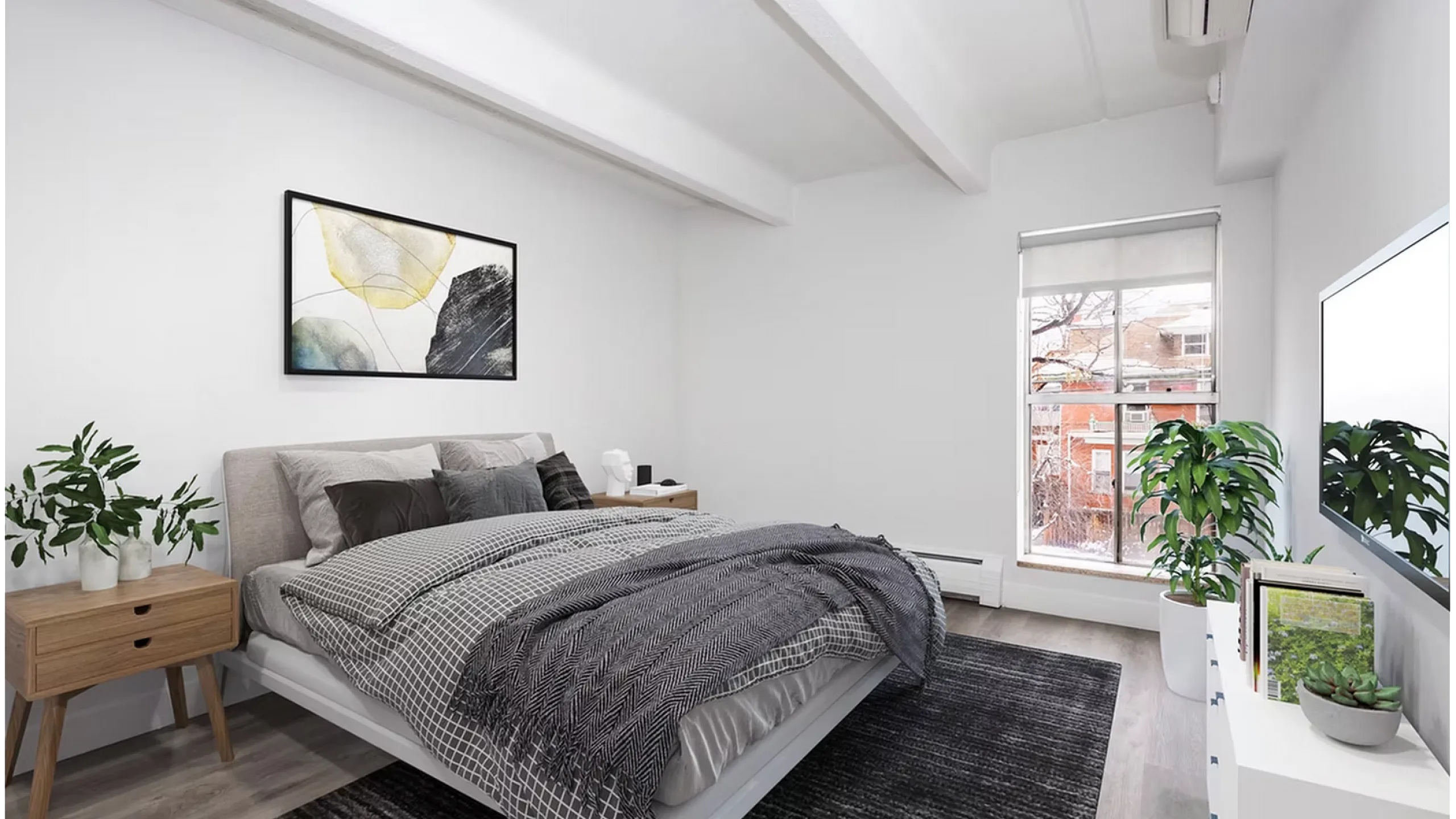 Modern bedroom with elegant decor, stylish furniture, and abundant natural light through large windows.