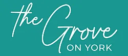 Modern logo for The Grove on York showcasing elegant script against a vibrant teal background.